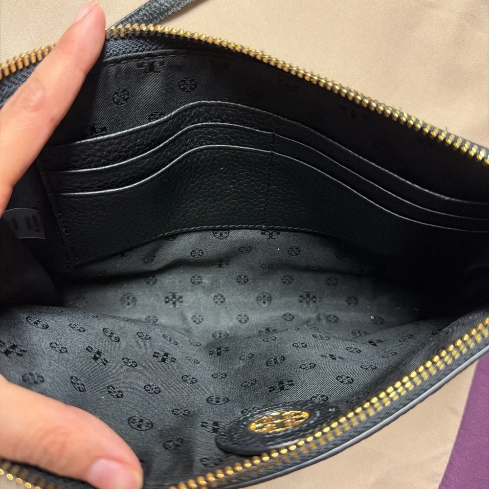 Tory Burch Black Pebbled Leather Logo Crossbody